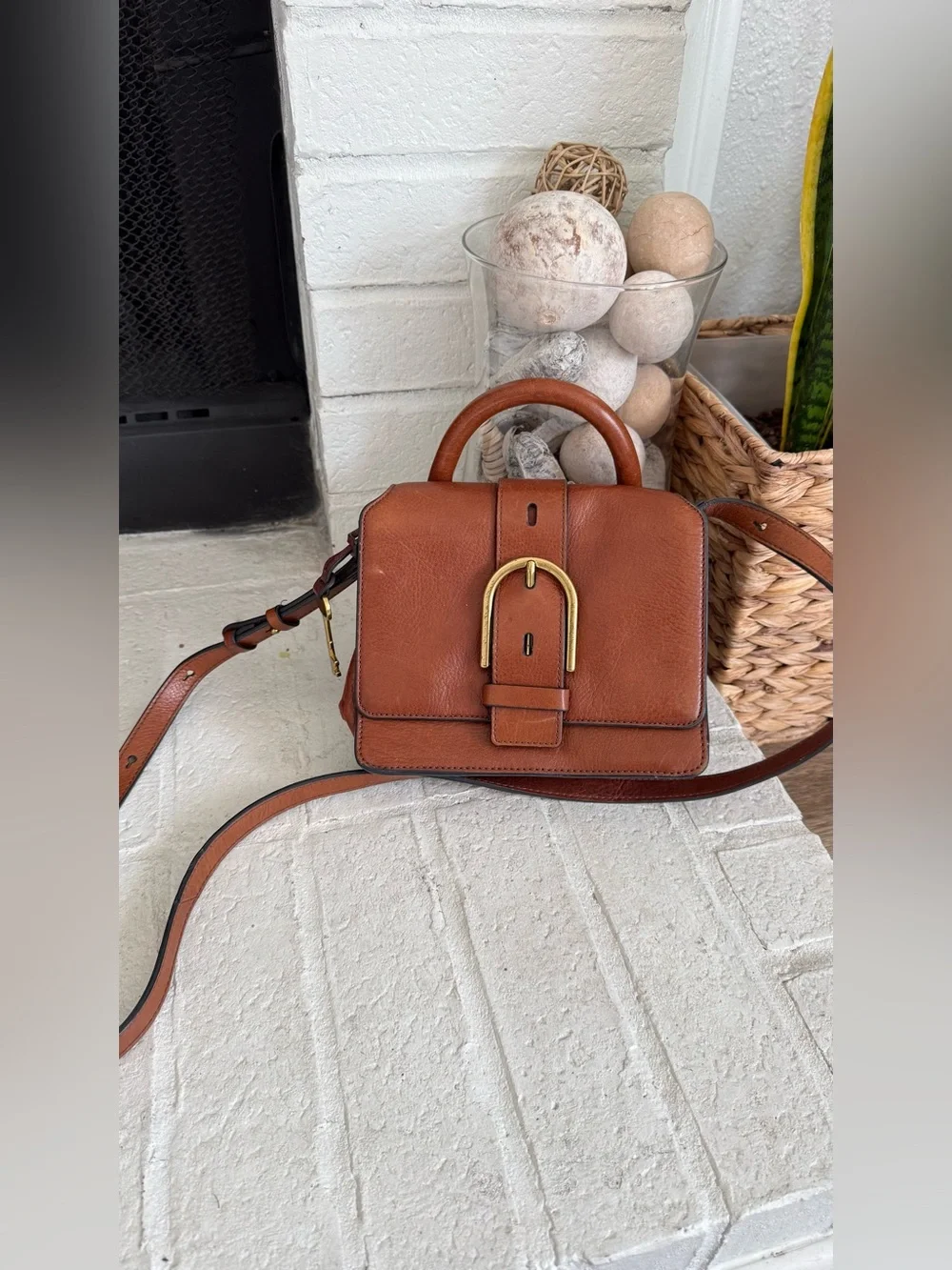 Fossil Wiley Mini Leather Satchel Brown Cognac Crossbody Bag Top Handle Buckle